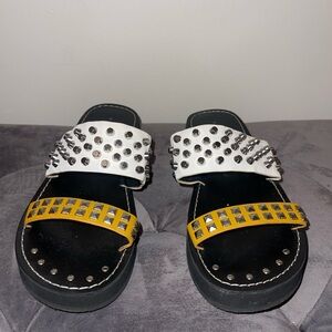 Studded White and Yellow Slide Sandals - Women